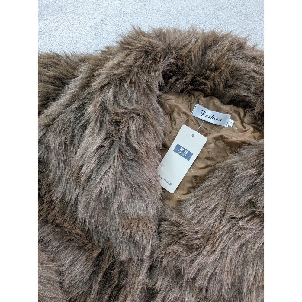 QingXin Faux Fur Jacket Brown Shaggy Coat XL Quilted Lining New